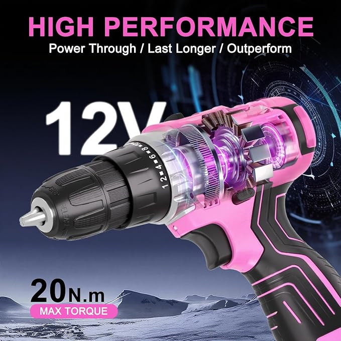 12V Cordless Electric Drill Driver Set, Powerful Lightweight Portable Rechargeable Screwdriver 42pcs Accessories,2-Speed, 24+1 Position for Wood/Wall Drilling & Screw Driving, Home DIY Tool woman man