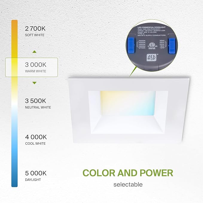 ASD Commercial LED Downlight 6 Inch, Square Power Adjustable Downlights 12/16/22/26/30W, LED Recessed Lighting 120-277V, 5 CCT 2700K-5000K, Dimmable Ceiling Light Fixture, IC Rated, White, ETL, 8 Pack