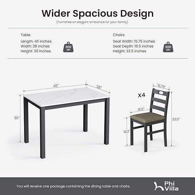 PHI VILLA Dining Table Set for 4, Modern Farmhouse Kitchen Table Set, Faux Marble Dining Table and 4 Cushioned Chairs, Solid Rubber Wood Dining Room Table Set, Venatino White Marble& Black
