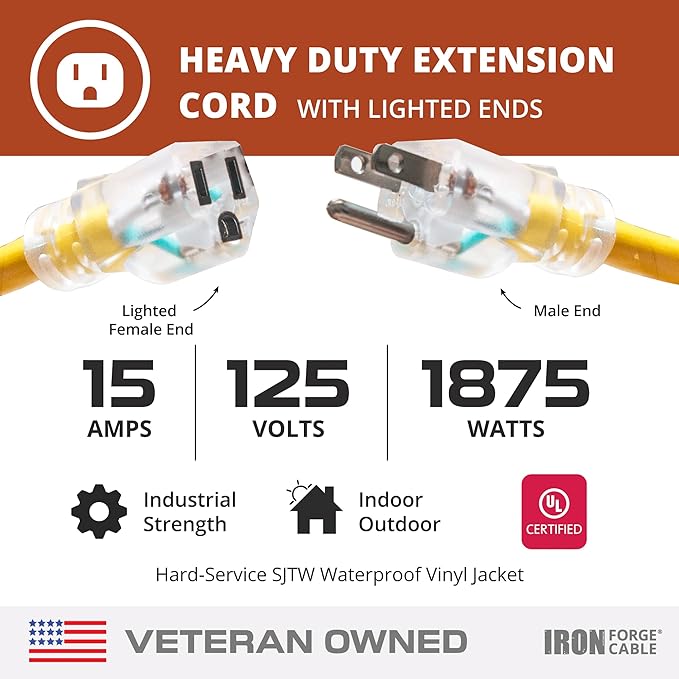 Iron Forge Cable Outdoor Extension Cord 100 Ft - 10 Gauge Heavy Duty Extension Cord, 15 AMP, 10/3 Yellow Power Cable SJTW Weatherproof with 3 Prong