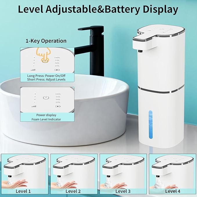 Automatic Soap Dispenser Touchless, Wall Mounted Smart Soap Dispenser, USB Rechargeable, 4 Adjustable Levels, 14.2oz / 420ml Large Capacity, for Bathroom, Kitchen, School (White, Liquid)