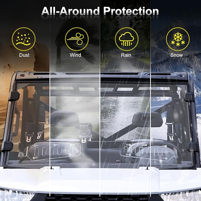 Scratch Resistant & Vented Full Windshield Compatible with Polaris Ranger 1000 / XP 1000 / Crew 1000 2017-2025 PC Clear Protects Against Wind, Dust, Dirt, Snow, Rain