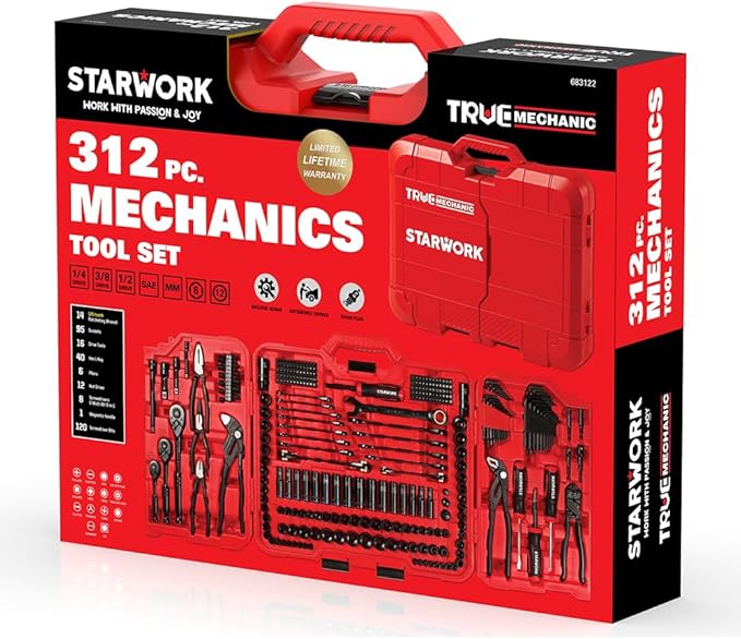 STARWORK TRUE MECHANIC 312-Piece Mechanics Tool Set and Socket Set, Professional【Pliers Wrench 】 SAE/Metric