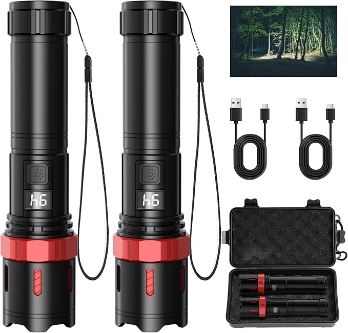 Rechrgeable EDC Flashlight, 99000 High Lumens Super Bright Flashlight, 5 Mode Flash Light with LED Display, Waterproof Powerful Handheld Light for Camping Hiking Emergency Home, 2pack