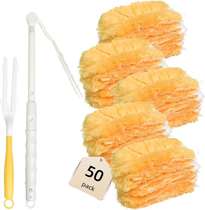 Duster Refills for Swiffer Duster,Heavy Duty Microfiber Dusters Kit with Replacement 360 Feather Dusters(50) + 3FT Extended Handle +1 Short Handle for Cleaning Blinds,Ceiling,Furniture