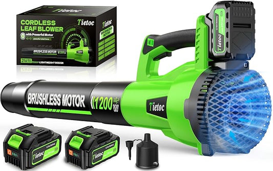 Tietoc Leaf Blower Cordless, 1200W Brushless Electric Leaf Blower with 2 X 5.0Ah Battery, 6 Speed Powerful Leaf Blowers for Garden, Lawn Care, Christmas Stocking Stuffers Gifts for Women Men(Green)