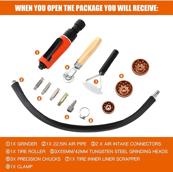 Air Tire Repair Polish Patch Tools Tire Repair Set Include 2500rpm Low Speed Air Tire Buffer Tire Inner Liner Scrapper Patch Roller 3pcs Tungsten Steel Buffing Wheel 42mm 55mm