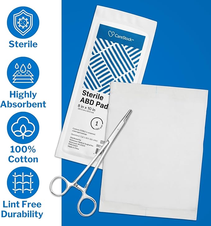CareStock Abdominal Pad - Highly Absorbent Nonwoven Cellulose ABD Pads, Wound Care First Aid - Individually Packed, Sterile - 8 in. x 10 in., 24 Count, 1 Pack†, White