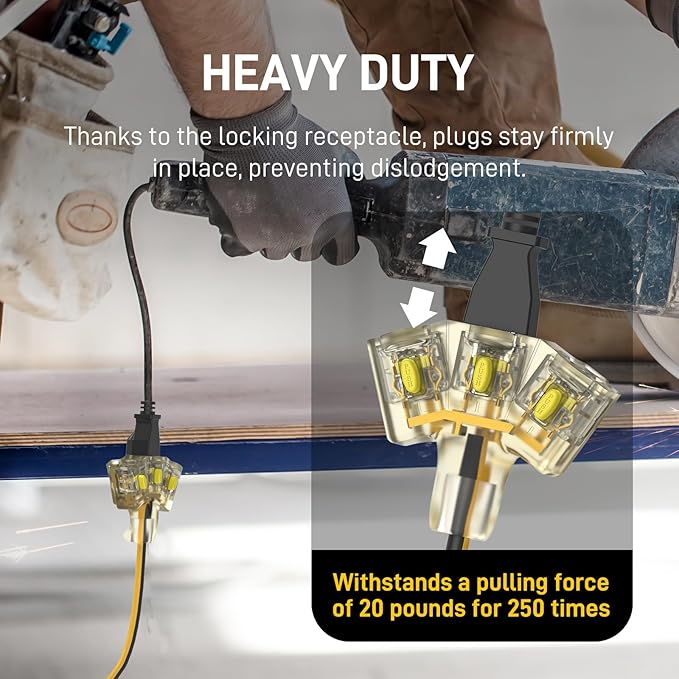 100FT Outdoor Extension Cord 12/3 Gauge Heavy Duty, 3 Prong Outlets with LED Light, 15A 1875W, ETL Certified, Locking Plug, Weather Resistant for Lawn Mower, Tools, Christmas Lights