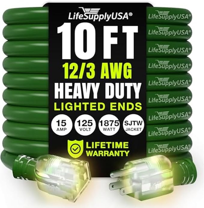 10ft Outdoor/Indoor Extension Cord 12/3 Gauge Extra Heavy Duty 3 Prong SJTW, Waterproof, Flexible Cold-Resistant Long Power Cord,15A 125V 1875W, Green by LifeSupplyUSA