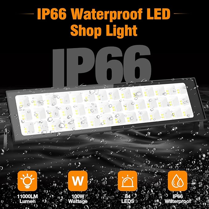100W Led Shop Lights,2Pack Shop Light for Workshop,IP66 Waterproof Garage Lights with Plug,4.92ft Power Cord and On/Off Switch,11000LM 6500K Super Bright Led Work Light for Yard,Shop,Warehouse