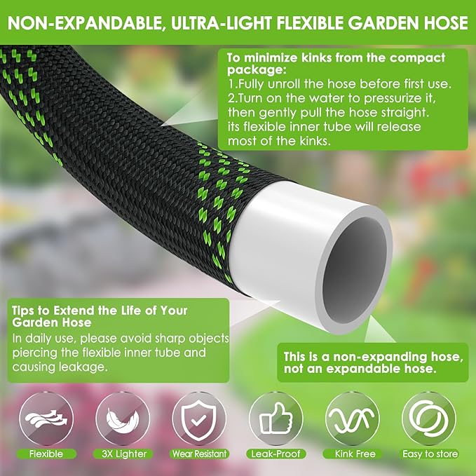 Non-Expandable Garden Hose 50 ft, Ultra Lightweight & Flexible Water Hose With 10-Pattern Spray Nozzle, Full Length Leak-Proof Design, High-Density Fabric & Shut-Off Valve, Hose Straps