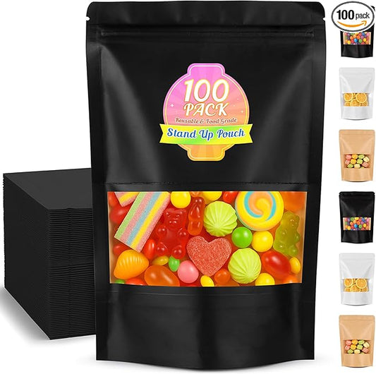 Mylar Bags for Food Storage, 100 Pack Smell Proof Bag with Window, Resealable Bags for Small Business, Candy Bags, Dog Treat Bag, Bakery Packaging, Stand Up Pouch (5.5"x7.9")