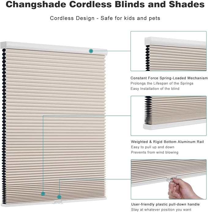 Changshade Cordless Cellular Shades, Blackout Honeycomb Shades for Windows, Pull Down Pleated Blinds, Easy to Install for Indoor Windows and French Doors,49" W x 72" H, Beige