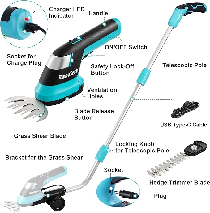 DURATECH Cordless Hedge Trimmer, 7.2V 3-in-1 Handheld Electric Grass Trimmer & Hedge Shears with 50" Wheeled Extension Pole, USB Type-C Cable and Built-in Li-ion Battery, for Garden, Yard and Lawn