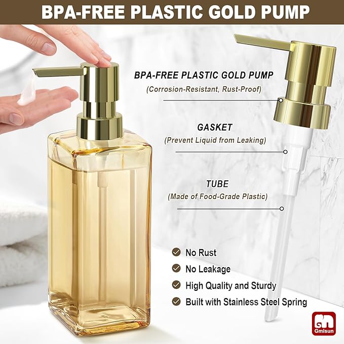 GMISUN Gold Soap Dispenser, Hand Glass Soap Dispenser with Pump, for Bathroom, 12 fl oz/350ml Refillable Dish Dispenser for Kitchen, Modern Liquid Soap and Lotion Bottles for Bathroom Countertop