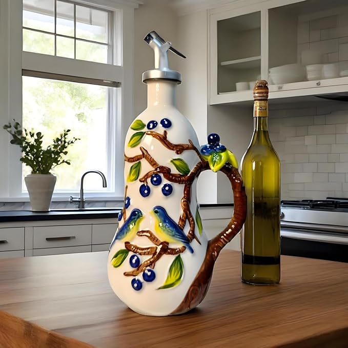 18 oz Hand-Painted Relief Ceramic Olive Oil Bottle Dispenser, with Handle Decorative Olive Oil Dispenser Bottle, for Kitchen Ceramic Oil Vinegar Bottle Seasoning Bottle with Stainless Steel Pour Spout