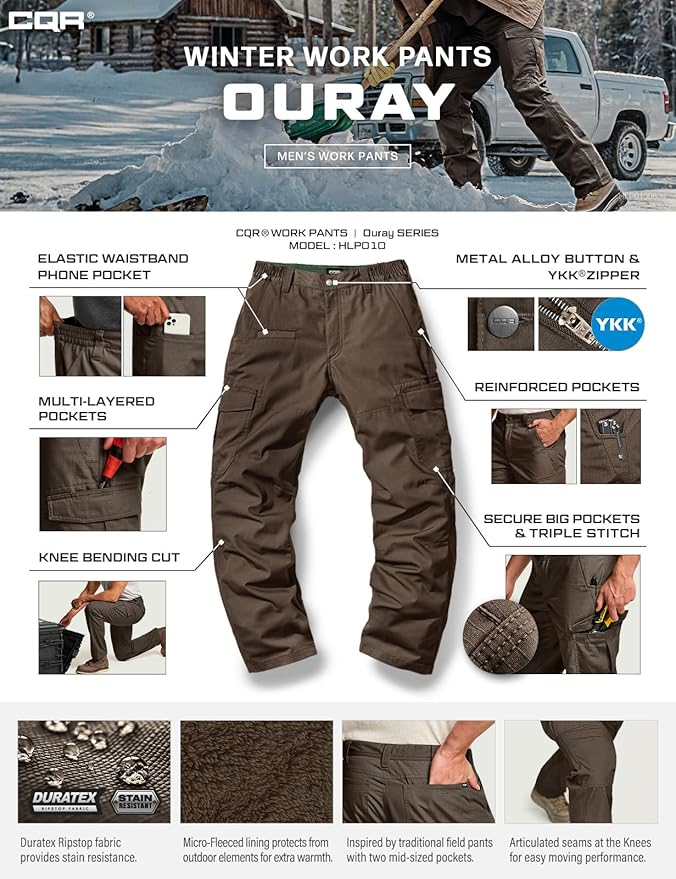 CQR Men's Winter Tactical Cargo Pants, Thermal Fleece Lined Outdoor Snow Ski Hiking Work