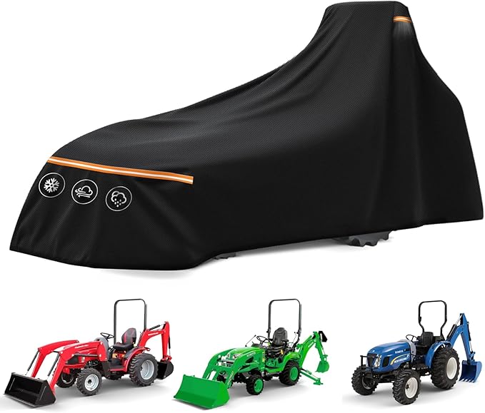 Heavy Duty Tractor Cover with Backhoe Waterproof 600D Oxford – Fits John Deere, Kubota, Mahindra, New Holland, Massey Ferguson Compact Tractors with Backhoe – All Weather Protection with Storage Bag