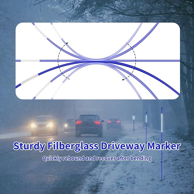 Growsun Driveway Marker 48 inch Blue Fiberglass 5/16 inch Dia Snow Fence Reflective Plow Stakes for Yard Walkways Parking Lots Safety Rods Edge, 25 Pack