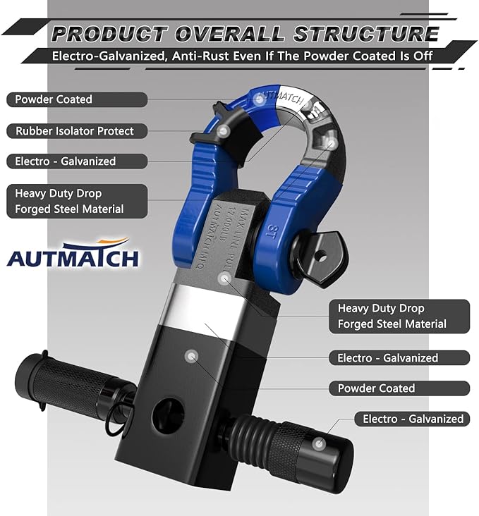 AUTMATCH Shackle Hitch Receiver 2" with 3/4" Mega D Ring Shackle and 5/8" Trailer Hitch Lock Pin, 68,000 Lbs Break Strength Heavy Duty Receiver Towing Kit for Off-Road Vehicle Recovery, Black & Blue