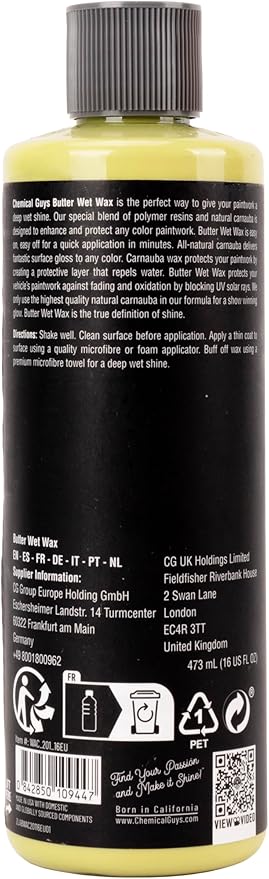 Chemical Guys Butter Wet Wax - Deep Wet Shine Car Wax for Cars, Trucks, SUVs, RVs, and More, Easy On/Off Liquid Formula, Banana Scent - 16 fl oz