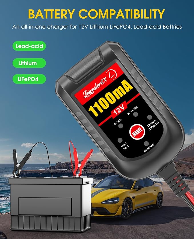 [4-Pack] Trickle Battery Charger 12V 1100mA Smart Car Battery Charger Battery Maintainer Float Charger for Motorcycle Lawn Mower Tractor Automotive ATV Lead Acid and Lithium Batteries