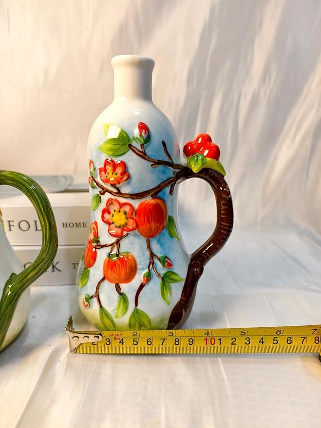 18 oz Hand-Painted Relief Ceramic Olive Oil Bottle Dispenser, with Handle Decorative Olive Oil Dispenser Bottle, for Kitchen Ceramic Oil Vinegar Bottle Seasoning Bottle with Stainless Steel Pour Spout