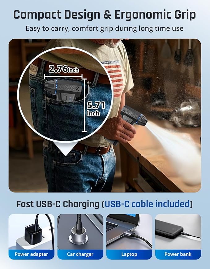 Compressed Air Duster- 300000RPM Super Power Electric Air Duster, Variable Wind Speed MAX 200g Mini Dust Blower for Computer, Keyboard, Outdoor, House and Car, Rechargeable Canned Air Replace Air Can