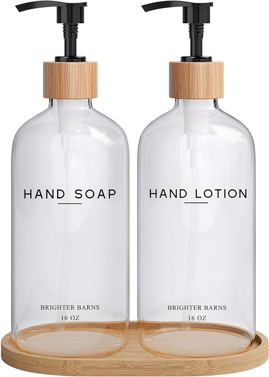 Clear Glass Soap and Lotion Dispenser Set with Tray by Brighter Barns - Hand Soap Dispenser Bathroom Set - Liquid Soap Dispenser and BPA-Free Pump - Neutral Home Decor & Modern Bathroom Accessories