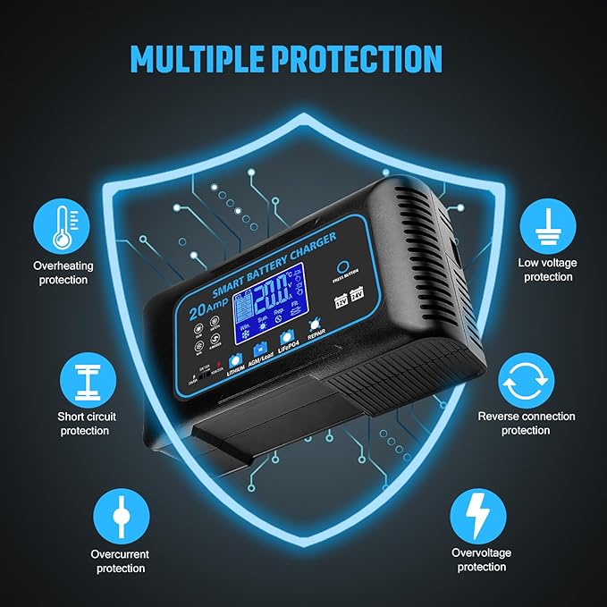 20 AMP Battery Charger, 12V/24V Lead-Acid, Lithium, LiFePo4 Smart Battery Charger, Trickle Charger, Fully Automatic Chargers and Maintainer for Car, Motorcycle, Lawn Mower