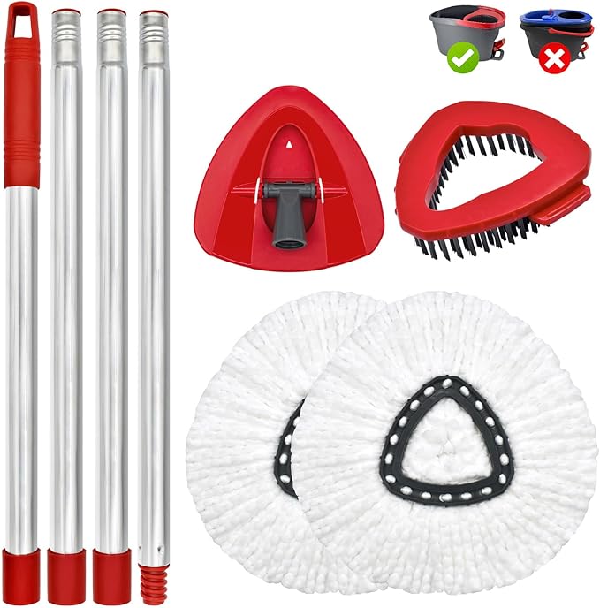 Spin Mop Handle, Mop Replacement Head,Brush,Base Compatible with OCedar EasyWring 1 Tank,2 Microfiber Mop Refills,1 Mop Base,1 Brush and 30-58" Mop Handle Combo Set for OCeda,Use for Floor Cleaning