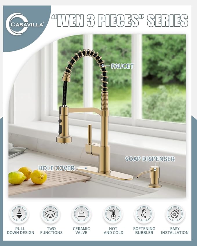 Gold Kitchen Faucet Soap Dispenser, Faucet for Kitchen Sink, Kitchen Sink Faucet with Deck Plate, RV Kitchen Faucet with Pull Down Sprayer and Dual Function Spray Head
