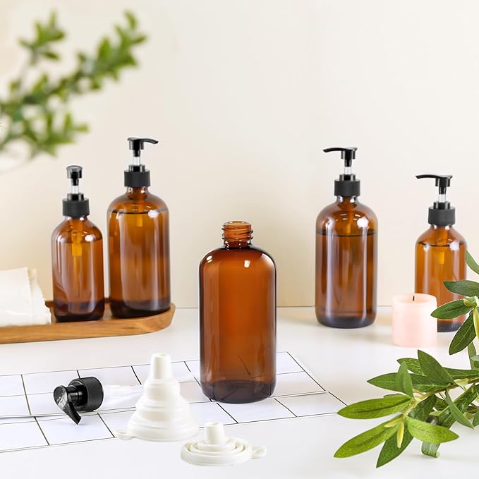 12 Pack Amber Glass Bottles 16oz with Pump Dispensers, Refillable Empty Pump Bottles for Bathroom, Kitchen, Shampoo, Soap, Lotion – Includes 2 Funnels & 12 Labels