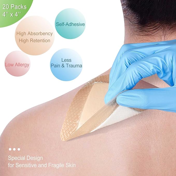 NeuHeils Silicone Super Absorbent Wound Dressing 4''x4'' 20 Packs, Self-Adhesive Waterproof Bandage with Ultrasorb Pad for Heavy Exudates Wound, Soft Gauze Island Dressing