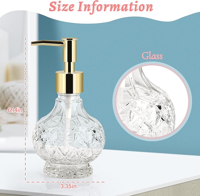 Glass Hand Soap Dispenser Bathroom with Rust Proof Pump for Kitchen Dish Soap, Hand Soap, Essential Oil & Lotion (2PCS New Gold)