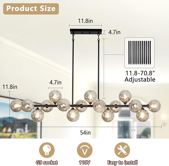 Dining Room Light Fixture 16-Light Large Chandelier Farmhouse Chandeliers for Dining Room Linear Sputnik Chandelier Smoke Gray Swirled Globe Glass Bubble Black Modern Pendant Lights Kitchen Island