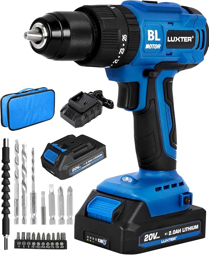 LUXTER 20V Cordless Brushless Drill Set 3/8-Inch Chuck Electric Screwdriver with 2 Variable Speed LED Light 22+1 Torque Setting Electric Drill Kit for Drilling Brick Wall, Metal, Wood Tool