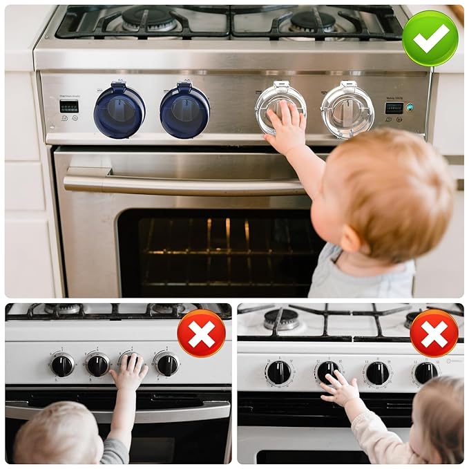 Stove knob Safety Covers for Child Upgraded Unlock Universal Size with Adult Two-Finger, Dual-Key Press Gas Stove Knob Locks Water Resistant Oil Resistant and High Temperature Resistant（5 Pack）
