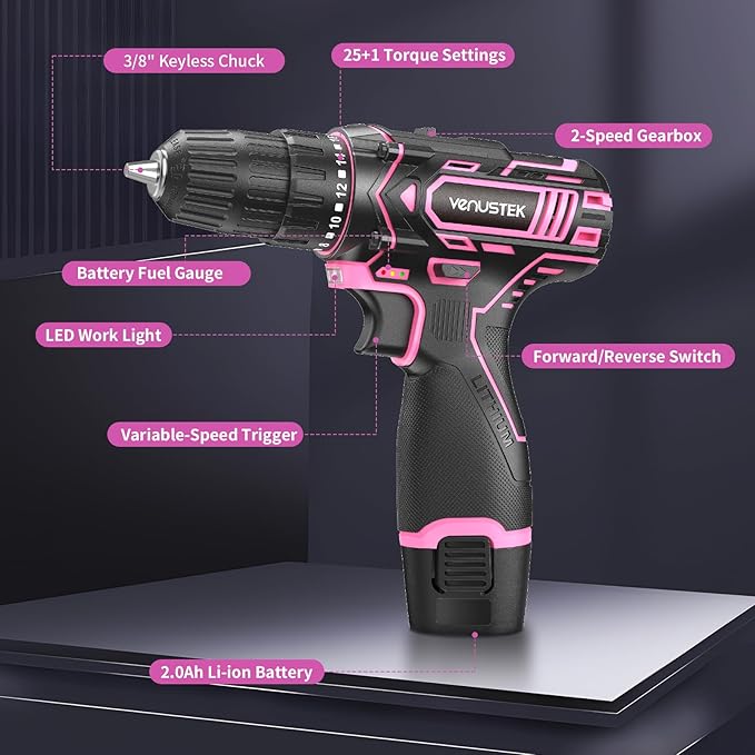 Cordless Drill Set 12V Power Drill with Battery and Charger, 2-Speed Electric Drill with 3/8" Keyless Chuck