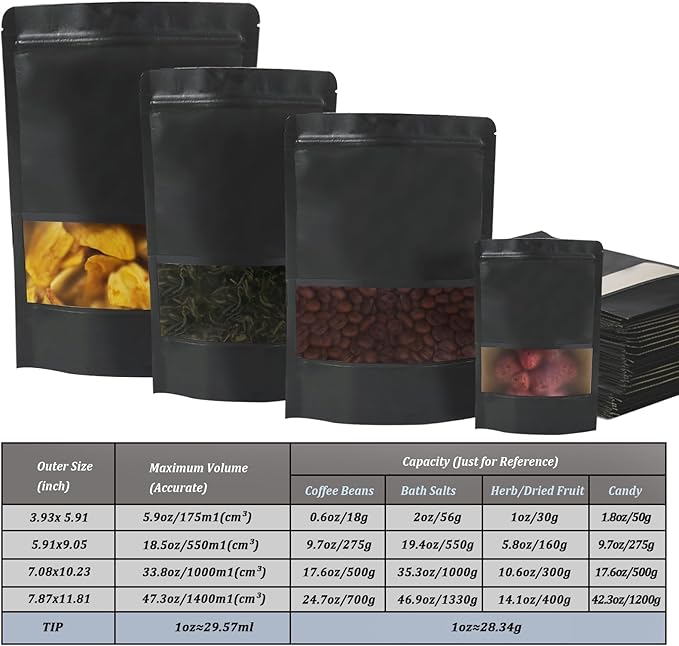 100 PCS Resealable Stand Up Kraft Paper Bags With Matte Window, Zipper Lock Food Storage for Small Business and Home, 7.87 * 11.81 Inches Reusable Sealable Packaging - Black