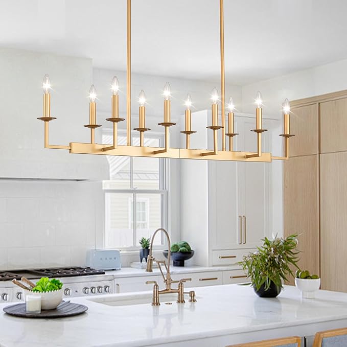 48-Inch Rustic Gold Linear Chandelier,Extra Long Candle Chandelier,Gold Light Fixture for Dining Room Living Room Kitchen Island, Modern Rectangular Chandelier(10-Light,Bulbs Not Included)