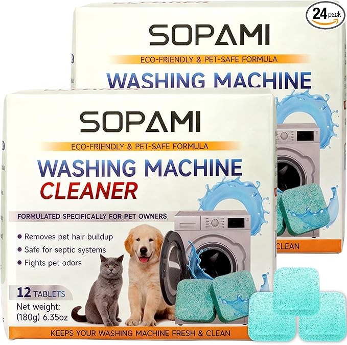 SOPAMI 24 Washing Machine Cleaner Tablets for Pet Owners HE Front Load and Top Load Washer Deep Cleaning Septic Safe Removes Stubborn Pet Hair Eliminates Pet Odors Prevents Pet Dander Build Up