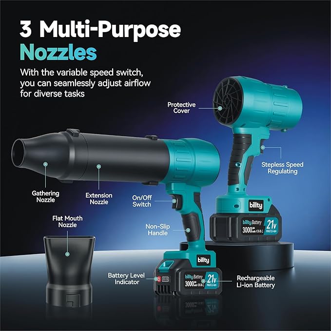 Cordless Leaf Blower, Premium Handheld Leaf Blower + 3 Nozzles and 2 Batteries with Level Indicator, Stepless Speed Control, Blowers for Lawn Care, Patio Cleaning and Dust
