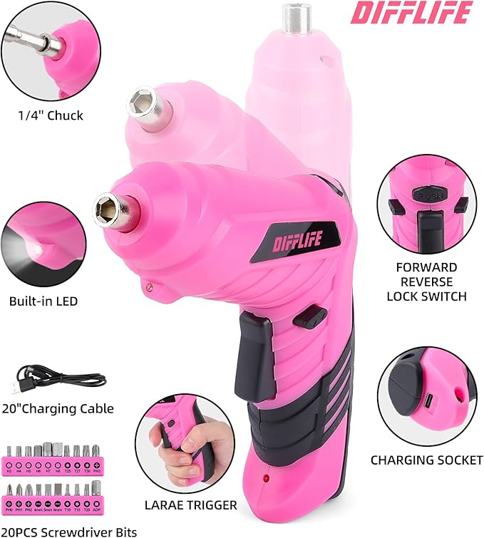 28PCS Pink Power 3.6V Cordless Electric Screwdriver Rechargeable Electronic Mini Automatic Gyroscopic Screw Gun Kit for Home - Pink Tools for Women