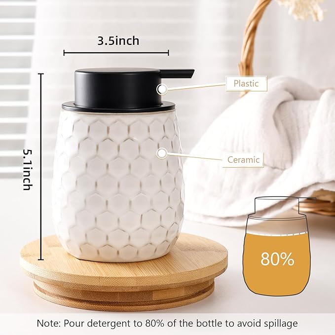 Foaming Soap Dispenser, 13OZ Ceramic Foam White Hand Soap Dispenser with Honeycomb Design for Kitchen or Bathroom, Refillable Dish Lotion Dispenser, ANTIS'S HOME