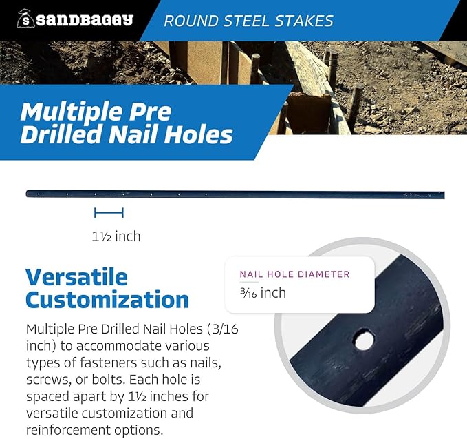 Sandbaggy 72" Round Steel Concrete Form Stakes with Nail Holes - Rust Resistant Coating - Removable, Reusable (10)