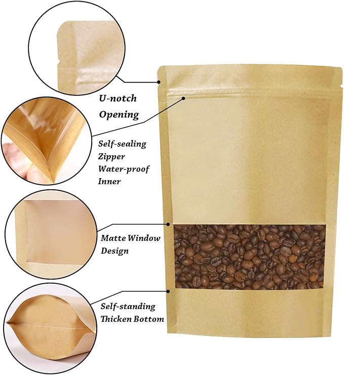100 PCS Resealable Bags, Stand Up Kraft Paper Bags with Matte Window, Zipper Lock Food Storage Bags for Small Business and Home, 6.69 * 9.44 Inch Reusable Sealable Bags for Packaging