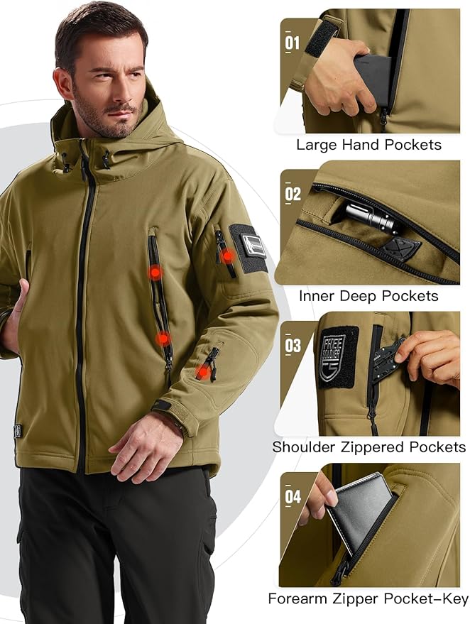 FREE SOLDIER Men's Outdoor Waterproof Soft Shell Hooded Military Tactical Jacket