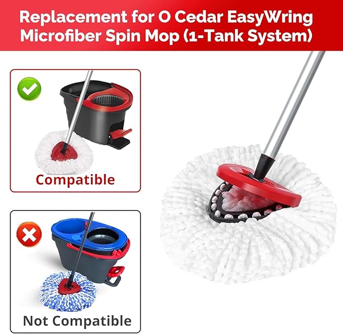 Spin Mop Head, Base, Handle Replacement for O-Ceda EasyWring 1 Tank System,4 Microfiber Mop Refills, 1 Base and 30-58in Handl Set Combo (White 1 Tank System)